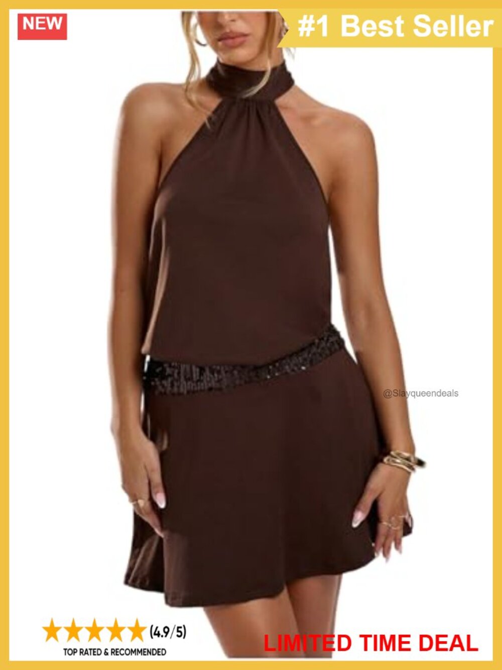 Halter Neck Mini Dress Sleeveless Tie Backless Sequin Belt Party